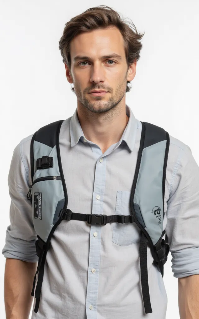 A French male model with a Water   resistant backpack, wearing a shirt, against a white background, in a front   facing close   up